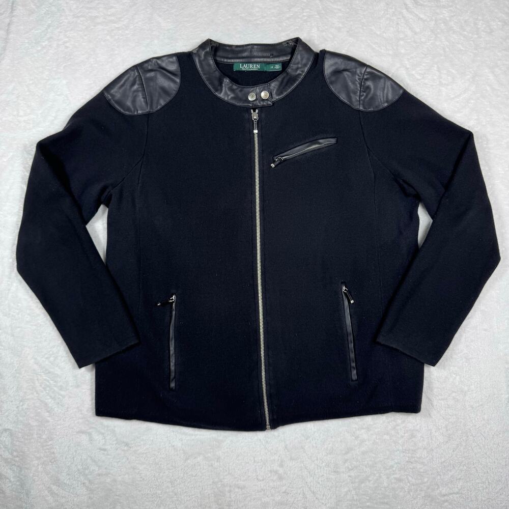 Lauren Ralph Lauren Knit Moto Jacket Faux Leather Shoulder Patches Women's 1X